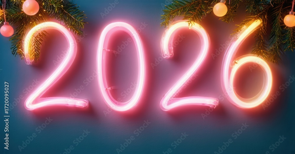 Poster bright neon numbers display year 2026. festive evergreen branches frame glowing digits. background f
