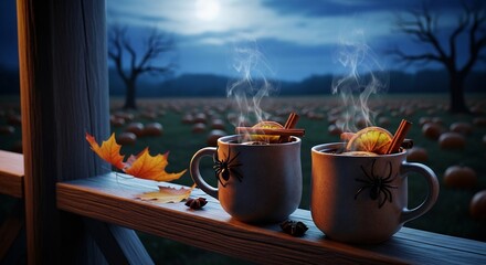 Autumn mood Halloween design.  Mugs with hot drinks, pumpkins field,  steam. Rustic autumn background for seasonal greetings, fall promotions. Cozy, dreamy art.