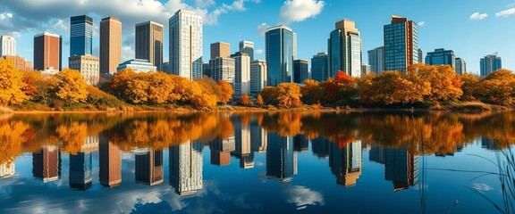 Fototapeta premium Autumnal scene of skyscrapers reflected in still water at harvest time, golden hour, november