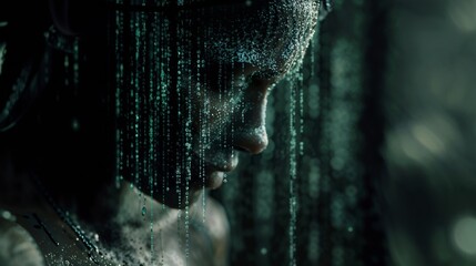 Moody Close-Up of Person with Binary Water Droplets on Face in Cyber Rain Theme