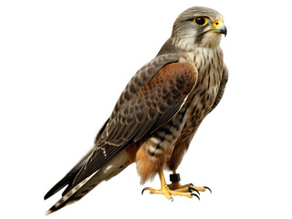 Kestrel bird with brown and grey feathers isolated on a transparent background falcon