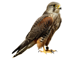 Kestrel bird with brown and grey feathers isolated on a transparent background falcon
