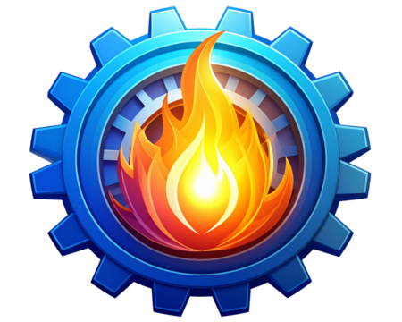 A modern abstract logo combining a glowing flame and a mechanical gear, symbolizing p 