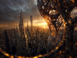 Golden Sunset Over Futuristic City Skyline Framed by Intricate Metallic Lattice Sculpture