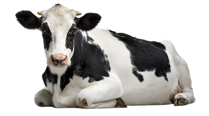 A black and white holstein cow lying down, isolated on transparent background