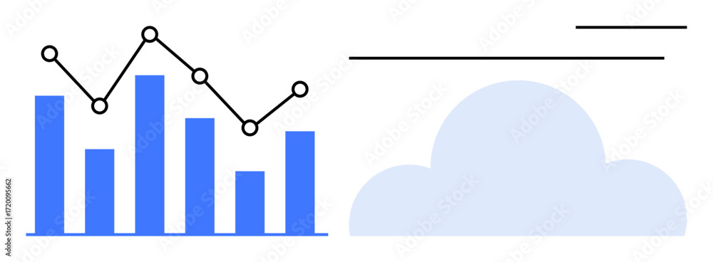 Poster blue bar graph and black line chart with data points next to a cloud icon, representing cloud-based 