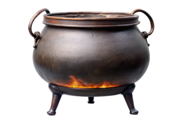 Mystical witch cauldron bubbling with magical flames isolated object for spooky themed designs isolated on transparent background