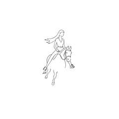 Black and white line art of a beautiful woman with perfect body riding horse elegant minimalist illustration