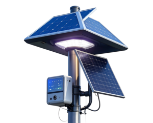 A futuristic outdoor street lamp equipped with an LED fixture, small solar panel on t