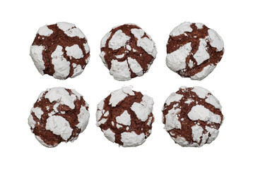Chocolate crinkle cookies with a crackled sugar coating isolated on a white surface.