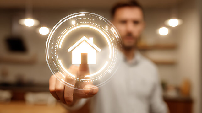 Man interacting with a futuristic holographic home icon interface - Powered by Adobe