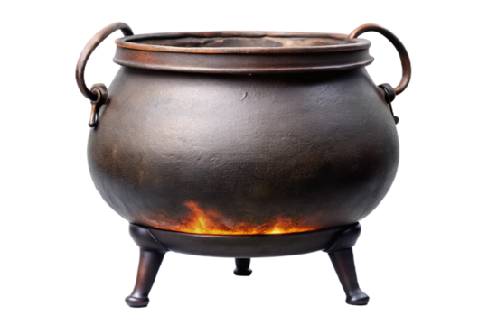 Mystical witch cauldron bubbling with magical flames isolated object for spooky themed designs isolated on transparent background