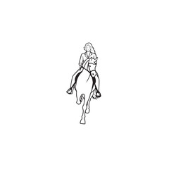 Black and white line art of a beautiful woman with perfect body riding horse elegant minimalist illustration