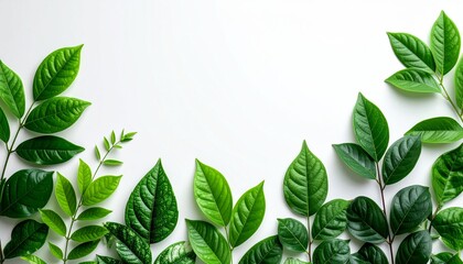 Variety of green leaves arranged on white background create fresh and natural composition