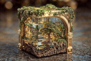 Ornate Gold Frame Diorama With Lush Trees and Miniature Forest Inside