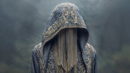Mysterious Hooded Garment With Intricate Gold Embroidery and Fringe Veil in Blue