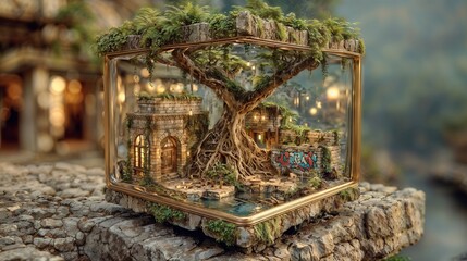 Glass Display Scene: Miniature Village Surrounded By Tree, Moss, And Graffiti