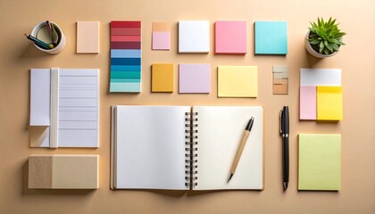 Neatly arranged stationery items including notebooks, pens, sticky notes, and small plant on beige background
