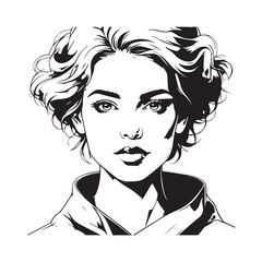 Black and white close up illustration of a beautiful woman face minimalist elegant line art drawing