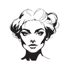 Black and white close up illustration of a beautiful woman face minimalist elegant line art drawing