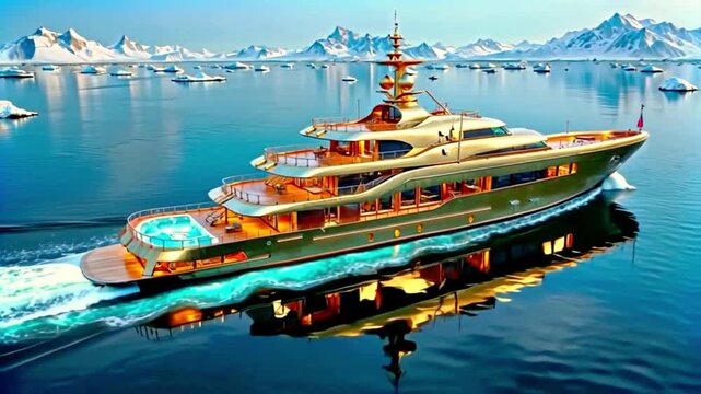 A luxurious yacht with a golden exterior sailing on a body of water with a snowy landscape in the background.