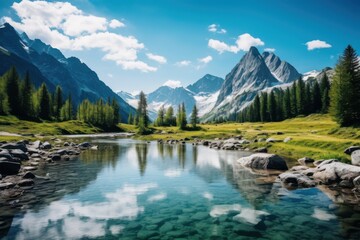Fototapeta premium Crystal lake reflects majestic snow capped mountains and green forest peaks