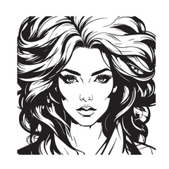Black and white close up illustration of a beautiful woman face minimalist elegant line art drawing