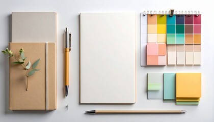 Neatly arranged stationery items including notebooks, pens, and colorful sticky notes on white surface