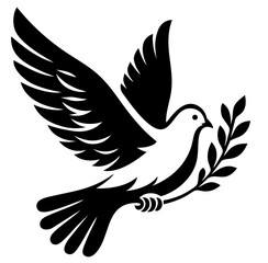 Black silhouette dove with olive branch, Christian symbol of divine peace, victory of light over darkness and eternal hope