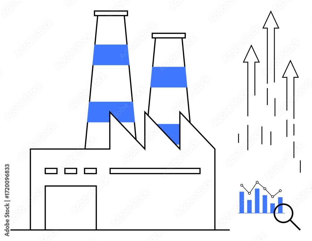 Aufkleber factory building with chimneys, upward arrows signifying progress, magnified bar graph analysis. ide