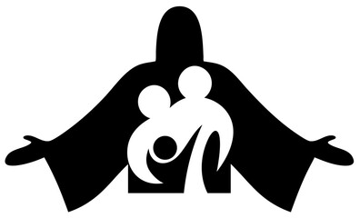 Christian church community with Jesus embracing family, sign of love, mercy and spiritual protection