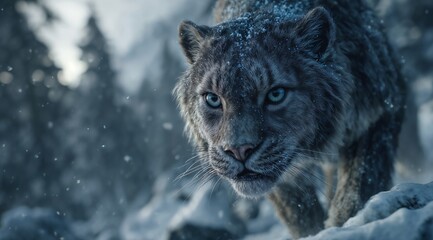 Intense Winter Wolf Close-Up Walking Through Snowy Forest With Blue Eyes
