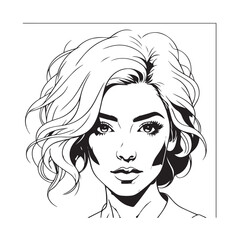 Black and white close up illustration of a beautiful woman face minimalist elegant line art drawing