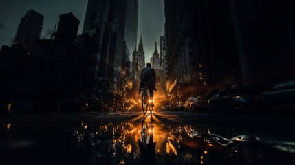 Night City Cyclist Riding Through Wet Street With Glowing Reflections And Urban Lights