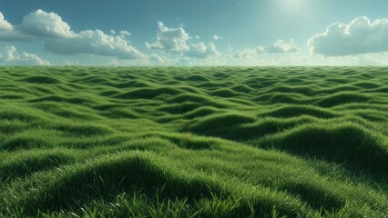 Expansive rolling green hills under a bright blue sky with fluffy white clouds, evoking serenity and natural beauty.