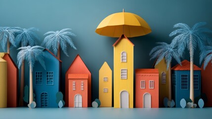 Vibrant Paper Cut Houses with Umbrella and Palms Against a Calm Background