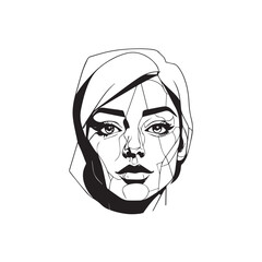 Black and white close up illustration of a beautiful woman face minimalist elegant line art drawing