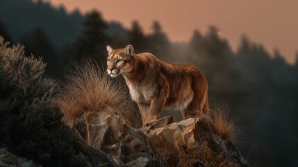 Majestic Mountain Lion On Rocky Outcrop At Sunset Surrounded By Sparse Bushes