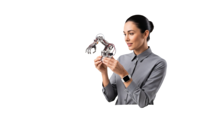 Woman in gray shirt holding and inspecting a small robotic arm against a black isolated background scene on transparent background