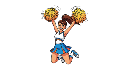 A cartoon cheerleader in mid air with pom poms wearing a blue and white uniform on a black background on transparent background