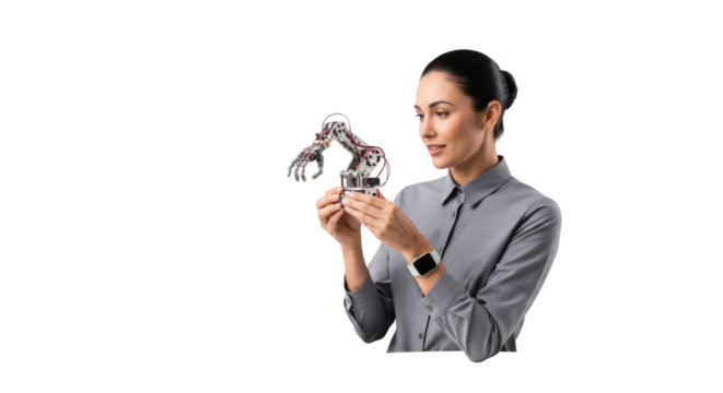 Woman in gray shirt holding and inspecting a small robotic arm against a black isolated background scene on transparent background