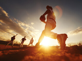 A thrilling youth baseball game unfolds under the bright afternoon sun as the pitcher delivers a pitch with focused teammates in the outfield