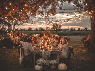 A cozy Friendsgiving gathering in a picturesque backyard, celebrating friendship and autumn's beauty