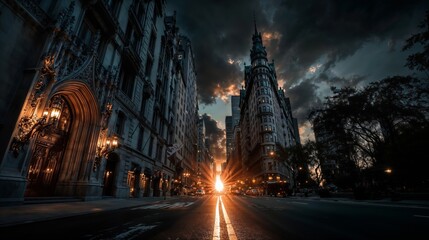Dramatic City Street At Sunset With Sunburst Between Tall Historic Buildings And Glass Skyscrapers