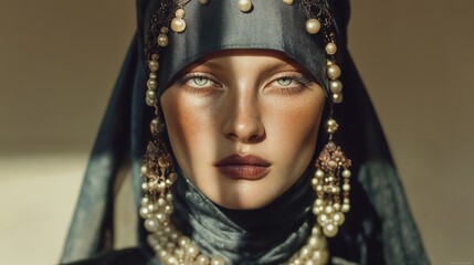 Close-Up Portrait Of A Woman In Pearl-Embellished Hijab With Dramatic Lighting