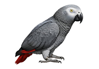 Obraz premium Detailed profile view of a gray parrot, showcasing its intricate feather details and vibrant red tail feathers against a black background.