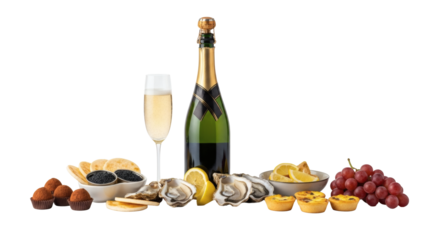 A celebratory arrangement featuring champagne, oysters, caviar, pastries, and fresh fruits displayed elegantly on transparent background