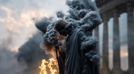 Ancient King Statue Surrounded By Smoke And Fire Beside Columns In Dramatic Destruction Scene