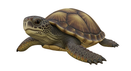Fototapeta premium A detailed close up of a sea turtle with a brown shell and green skin against a black background space on transparent background