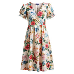 Cream Floral Wrap Dress with Short Puff Sleeves and Mixed Blooms fashion clothing isolated on a transparent background